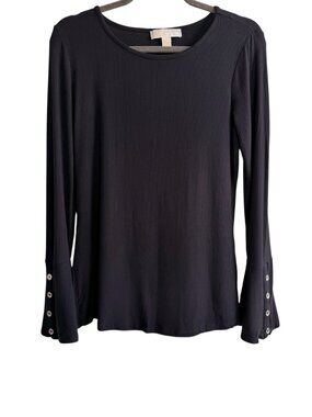 Michael Kors Black Ribbed Bell Cuff Top MK Logo Buttons Long Sleeve S